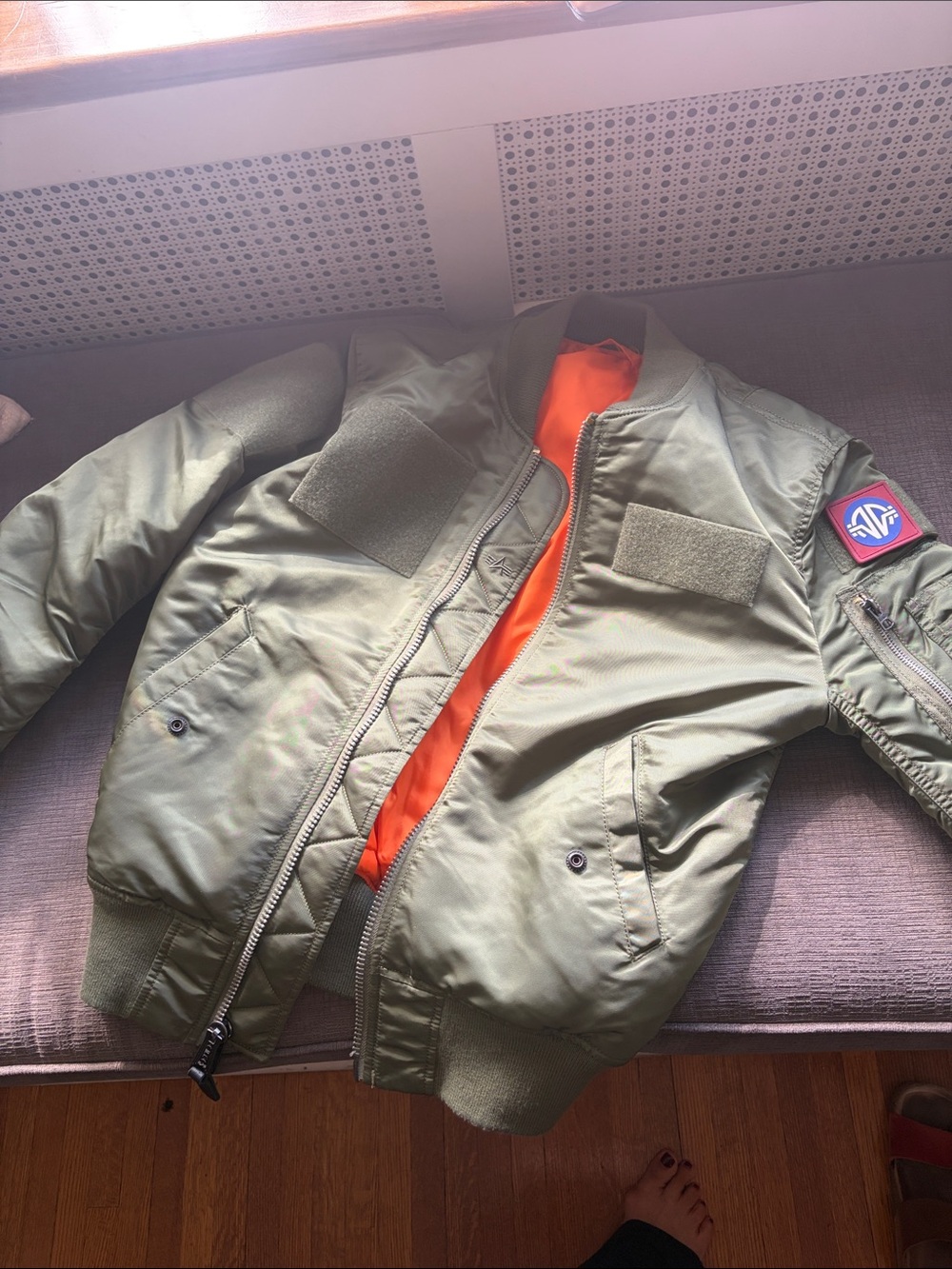 Alpha Industries Olive Green Bomber Jacket with Orange Lining